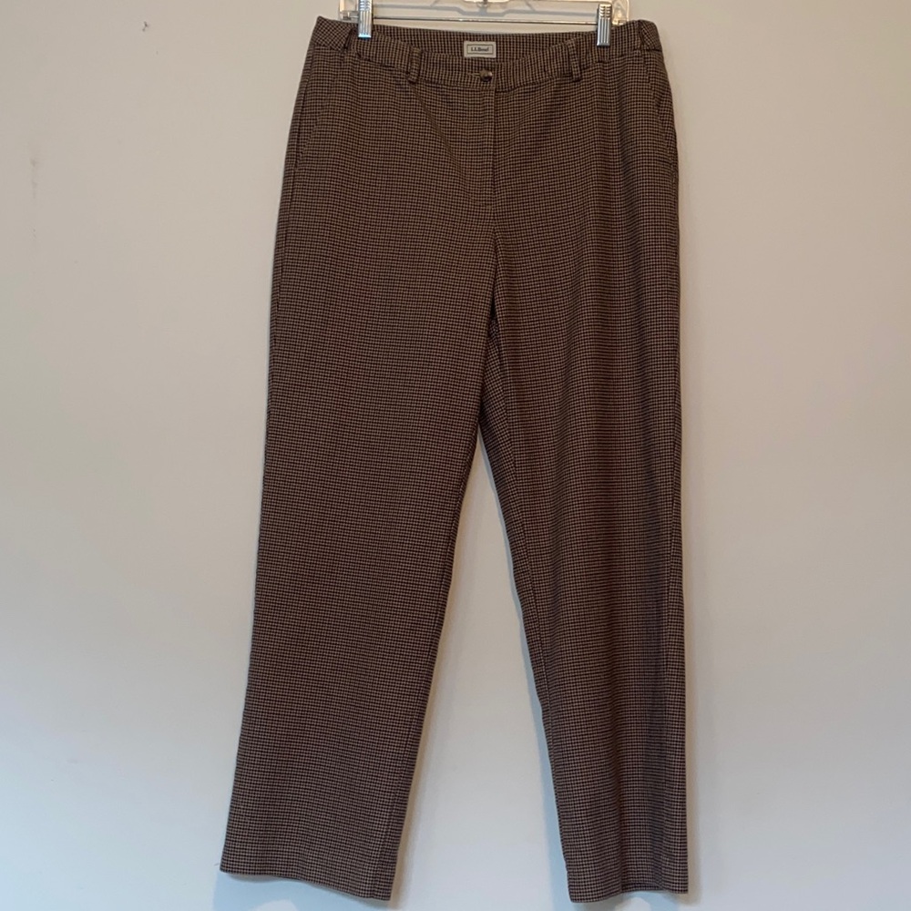 LL Bean Houndstooth Cotton Flannel Trouser Tan Brown Pants Lined 14 Tall